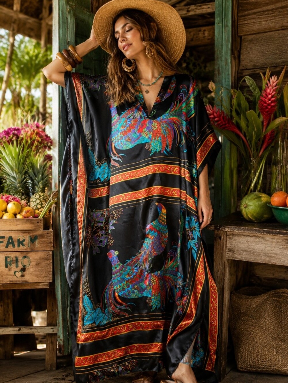 Vintage Winlar Satin Caftan Kaftan OSFM Colorful Tropical Bird Print Boho Lounge